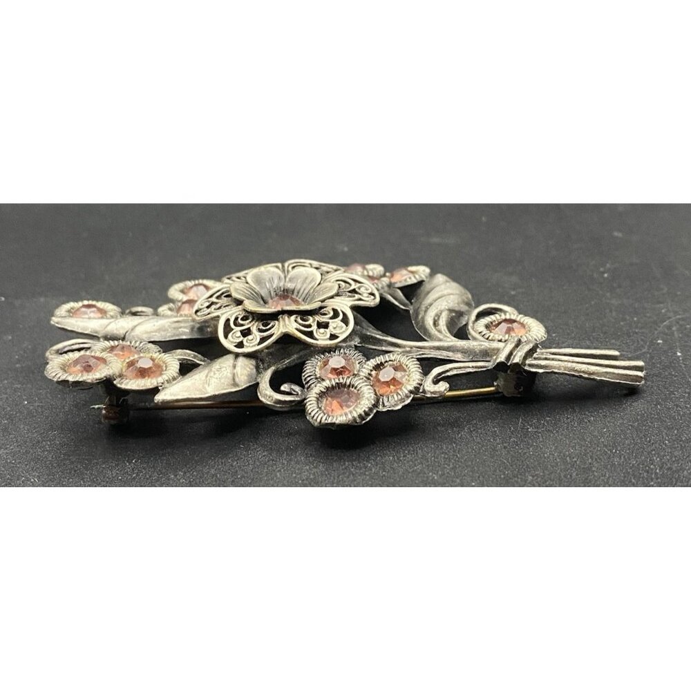 Vintage Purple Glass Rhinestone Floral Bouquet Brooch Filigree Silver Tone 3.25" - Picture 3 of 6